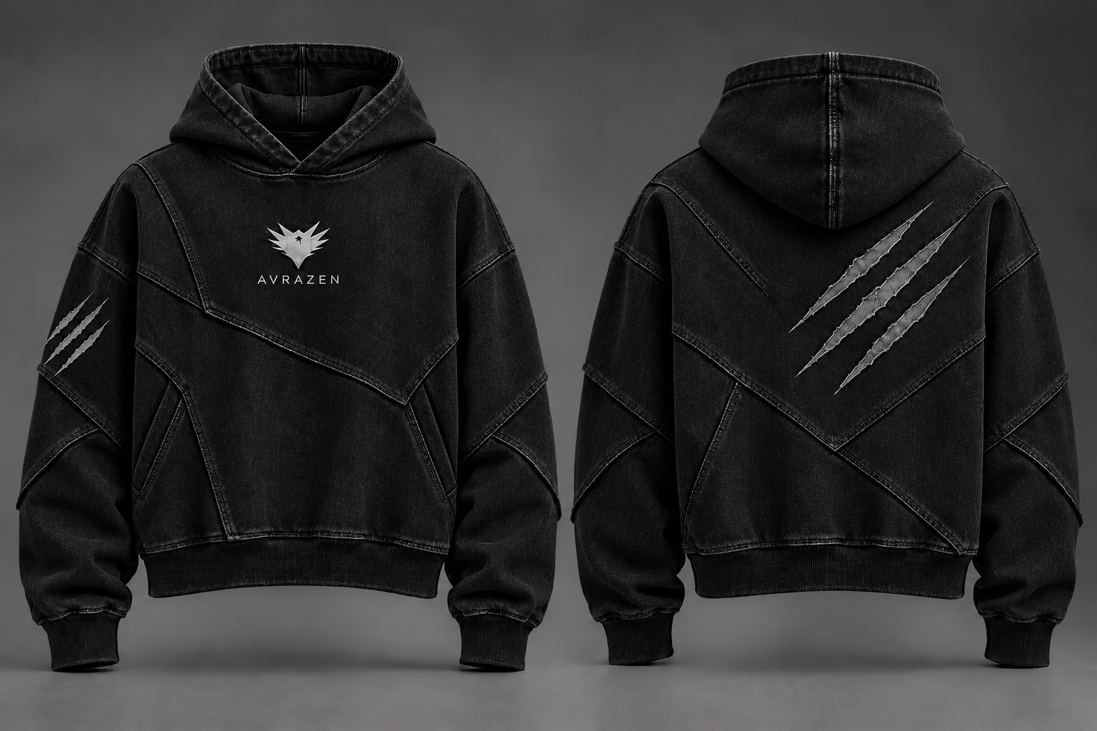 Concept della felpa AVRAZEN in denim nero, vista davanti e dietro