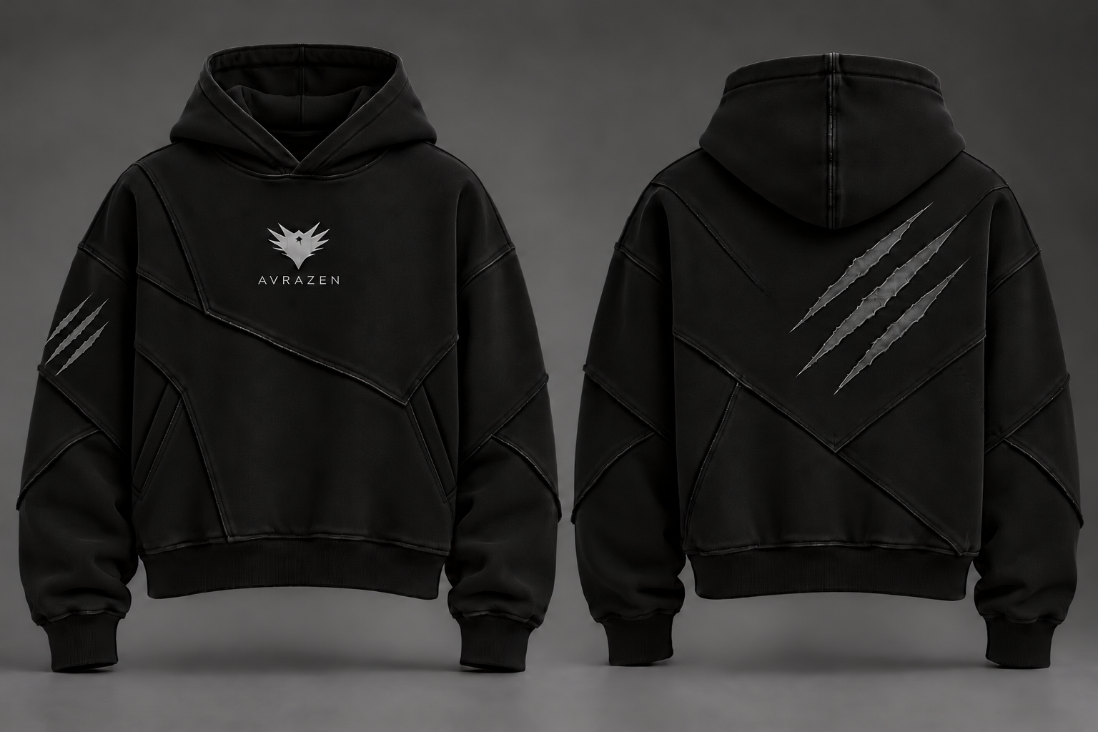 Concept della felpa nera AVRAZEN davanti e dietro, con aquila sul petto e dettagli a forma di graffi